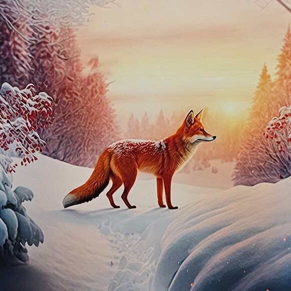 8x8 Framed Fox Winter Landscape Trees Watercolor Oil Painting Print - Picture 2 of 6